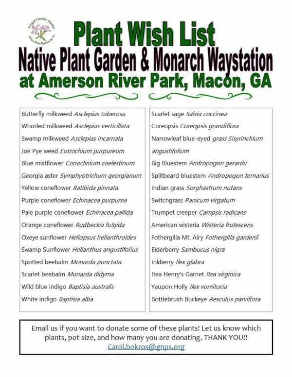 list of plant wanted for native plant garden at Amerson River Park