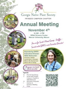 Flier for Fringed Campion Chapter's annual meeting with pictures of chapter activities and executive director Nikki Belmonte.